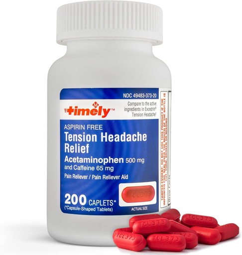 [BRSROGQHOJ6GK3QY] Timely - 200 Caplets - Tension Headache and Pain Reliever with Acetaminophen 500 mg and Caffeine 65 mg Extra Strength for Head, Neck, Shoulder and Body Pain Reliever, Aspirin Free - Made in USA