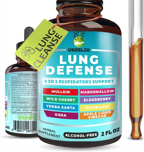[BRSW2A33OB7GKCD4] 8 en 1 Lung Defense Herbal Extract, Blend (Mullein-Marshmallow-OSHA-Wild Cherry-Elderberry-Yerba Santa-Olive Leaf-ACV) Lung Cleanse, Respiratory &amp; Immune System Support. Suplemento líquido 2 OZ