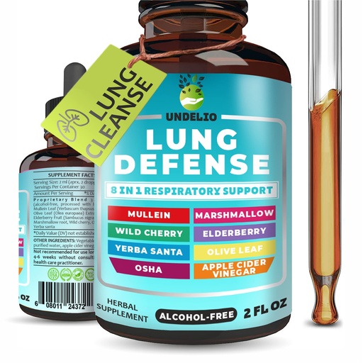 [BRSW2A33OB7GKCD4] 8 in 1 LUNG DEFENSE Herbal Extract, Blend (Mullein-Marshmallow-OSHA-Wild Cherry-Elderberry-Yerba Santa-Olive Leaf-ACV) Lung Cleanse, Respiratory & Immune system Support. Liquid supplement 2 OZ