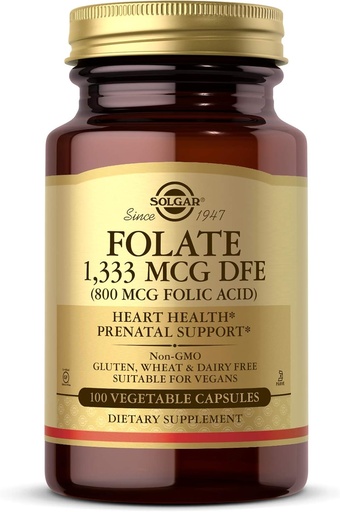 [BRSWIYTYB4BWAG3U] Solgar Folate 1,333 mcg Folat dietetic echivalent (800 mcg Acid folic), 100 Capsule vegetale - Heart Health, Sistem nervos sănătos, Suport prenatal - non-GMO, Vegan, Gluten Free - 100 Servings