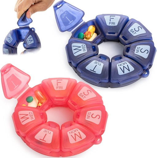 [BRSRMHARAUHBACTU] Round Weekly Pill Organizer, TPU caoutchouteux, Conteneur de pilules de voyage 7 jours, avec 7 grands compartiments, idéal pour les vitamines et suppléments quotidiens, coque de pilule mignonne avec grandes lettres et braille (2 pcs)