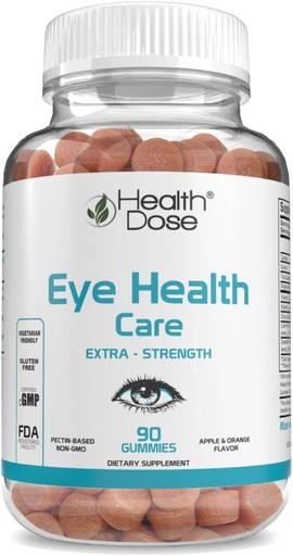 [BRSROBTQOEPBSDQV] Health Dose Eye Health Care Vitamins with Lutein Zeaxanthin Support Eye Strain, Dry Eyes & Visual Performance Apple & Orange Flavor 90 Gummies.