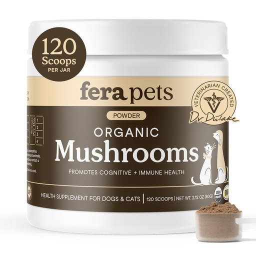 [BRSWYCABDF7ROAYZ] Fera Pets Mushroom Supplement for Dogs & Cats with Turkey Tail - USDA Organic - Cognitive and Immune Support - Enhances Liver Function - Supports a Healthy Gut - Powder - 120 Scoops