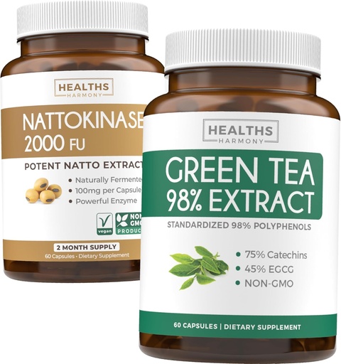 [BRSRAGT6CF7BQHYV] Nattokinase & Green Tea (1-Month Supply) Energy Boost Bundle - Nattokinase 2000 FU Powerful Naturally Fermented Soybeans (60 Caps) & Green Tea Extract 98% with EGCG (Non-GMO) Natural Metabolism Boost