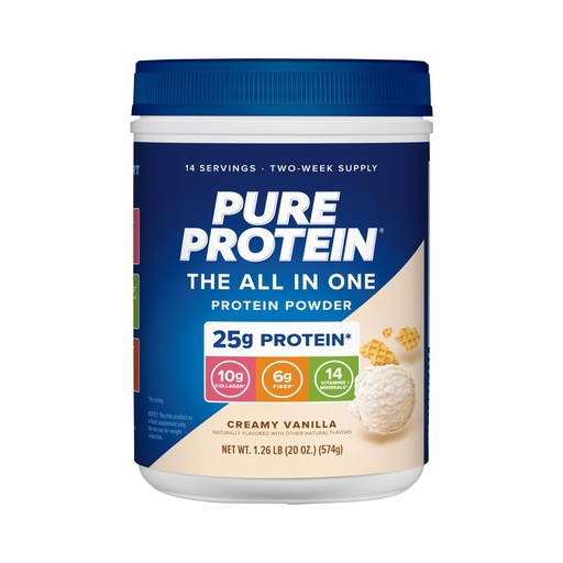 [BRSRAZQLOENQM3IV] Pure Protein All-In-One Powder, Vanilla - Whey & Collagen, High Fiber, Vitamins, No Added Sugar, Non-GMO, Gluten-Free, 1.25lb