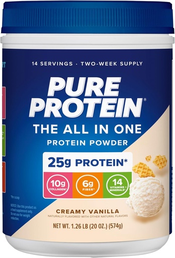 [BRSRAZQLOENQM3IV] Pure Protein Alt-i-ett pulver, Vanilla - Whey & Collagen, høy fiber, vitaminer, ingen tilsatt sukker, ikke-GMO, Glutenfri, 1.25lb