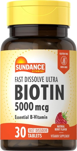 [BRSWKYYHB4CACC3M] Sundance Fast Dissolve Biotin 5000mcg | 30 Tabletler | Essential B-Vitamin | Natural Berry Flavor | Vegetarian, Non-GMO, and Gluten Free Supplement Supplement Supplement