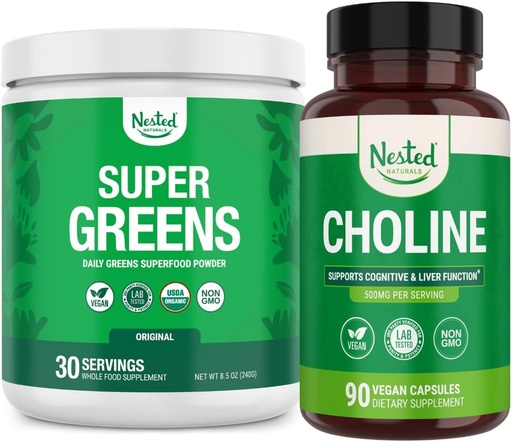 [BRSROCT6DICBMG3K] Nested Naturals Super Greens & Choline Bundle | Superfood Powder with Probiotics & Fiber & Choline Bitartrate for Cognitive Function & Clean Energy