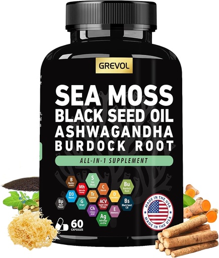 [BRSRAYARDEHQIYI2] Sea Moss Black Seed Oil Ashwagandha Bladderwrack Burdock Root Turmeric & ויטמין C D3 Elderberry ACV Black Pepper - תוספי Multimineral - 60 ספירה