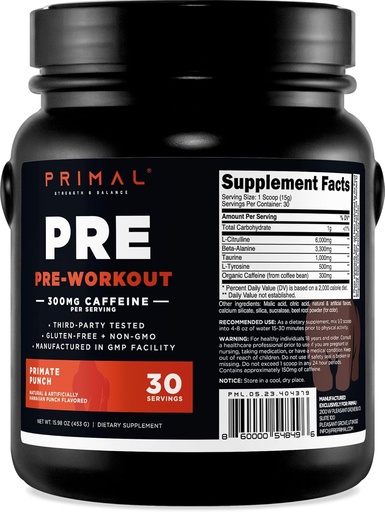 [BRSRA23RDIDWG2T2] Primal Pre- Workout Primate Punch (30 Servings) (Tropical Flavored) - Gluten Free & Non-GMO