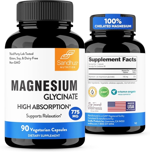[BRSROHAYBEBQ4FL5] Sandhu's Superior Absorption Magnesium Glycinate 775mg|140mg Elemental Magnesium Capsules|90 Count, 90 Days Supply|Supports Restful Sleep & Muscle Health |Pure, Non GMO & Gluten Free