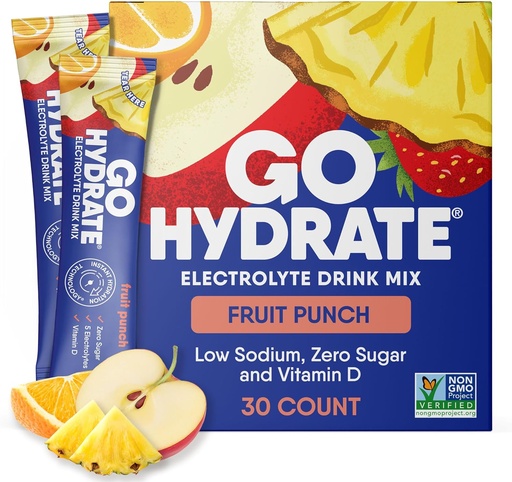 [BRSWGEDYAEIAIAI4] GoHydrate Instant Hydration Powder Pakninger - Lavt natriumelektrolytter drikke mix - Natural Hydration Support, Sugar Free Electrolyte Flavored Powder Drikke med D-vitamin, 30 Pakker, Frugt Punch