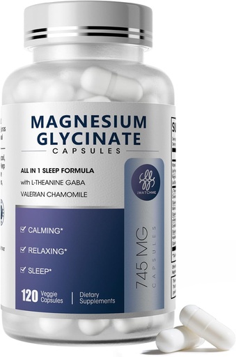 [BRSRAHAYPIIWG3TX] Magnesium Glycinate 850mg Capsules con L-Theanine, Chamomile & GABA para el sueño, la calma, el músculo, la salud ósea &amp; Immune Support, Magnesium for Women and Men, Vegan, Alta absorción, 120 Condes
