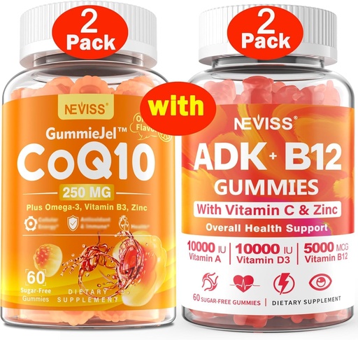 [BRSRAYY5CUNRQF3F] NEVISS 2Pack CoQ10-250mg Mangas llenas + 2Pack Vitamin ADK con B12 Gummies