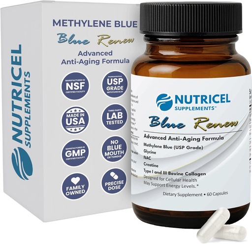[BRSROCAEO5YWCAY6] Nutricel Metylen Blue Kapsułki z dodatkiem Glicyny + NAC (GlyNAC), Kolagen i Kreatyna - Trusted Made in America Brand - 7mg (USP Reference Compliant) - Trzecia strona Tested (60ct)