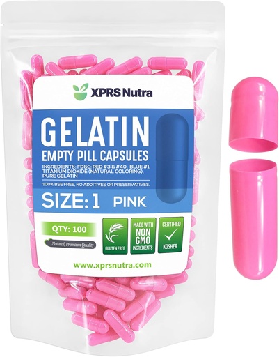 [BRSWY234OZ5AG3YV] XPRS Nutra Size 1 Capsule Vuote - 100 Conta Capsule Gelatini Vuoti - Pillole per Riempimento Capsule fai da te - Pure Bovine Pill Gel Caps per Integratori Do-It-Yourself (Pink)