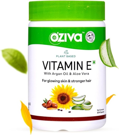 [BRSWYYIPDN5AYE36] OZiva Plant Based 100% Natural Vitamin E + Aloe Vera + Argan Oil for Glowing Skin & Stronger Hair, 30 Veg капсули, Non ГМО