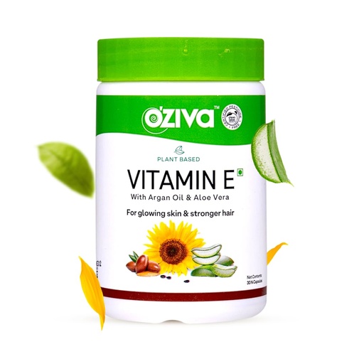 [BRSWYYIPDN5AYE36] OZiva Plant Based 100% Natural Vitamin E + Aloe Vera + Argan Oil for Glowing Skin & Stronger Hair, 30 Veg Capsules, Non GMO