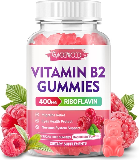 [BRSRAHQHBACWEAD2] B2 Vitamini Çocuklar ve Yetişkinler için Magnezyum ile 400 mg Supplement, Migraine Relief & Nervous System Support, Vegan, Sugar-Free, Raspberry Flavor, 60 Count