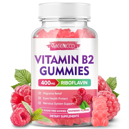 [BRSRAHQHBACWEAD2] MEENCCD Vitamin B2 Gummies Riboflavin 400mg Supplement with Magnesium for Kids & Adults, B2 Gummies for Migraine Relief & Nervous System Support, Vegan, Sugar-Free, Raspberry Flavor, 60 Count