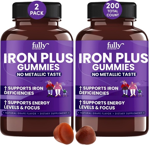[BRSROHQYCMNAM3DD] Iron Gummies kosttillskott för vuxna (kvinnor, män) och barn - Grape smak - stöder anemi, energi och fokusnivåer - 200 greve