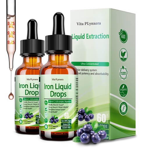 [BRSRAEIPCAOWEC3A] 2 Pack Liquid Iron Supplement for Women Men & Kids, Vegan Iron Drops with Vitamin C D, B12, B-Complex, High Potency Liquid with Multivitamin for Anemia, Energy Support, Magnesium Iron Gentle