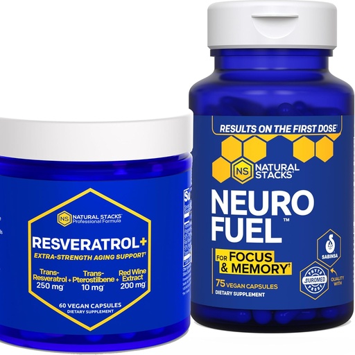 [BRSRAGQ6BN7WMEQZ] NATURAL STACKS NeuroFuel &amp; Resveratrol+ Suplemento Bundle - Soportes Focus, Memoria " Envejecimiento cerebral saludable* - 135 cápsulas