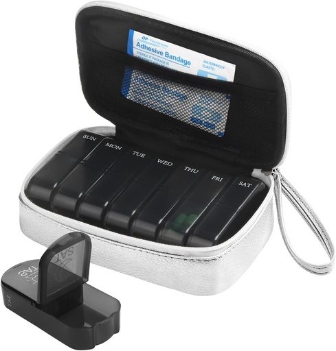 [BRSRM2QKDMIA4CLG] Weekly PU Leather Pill Bag Organizer Case 2 Times a Day, AM PM Daily Pill Box to Hold Vitamin, Fish Oil, Supplements and Medicine (Silver)