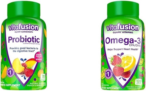 [BRSROBL3CQIAK3D6] Vitafusion Probiotic Gummy Supplements, Raspberry, Peach and Mango Flavors & Omega-3 Gummy Vitamins, Berry Lemonade Flavored, Heart Health Vitamins(1) with Omega