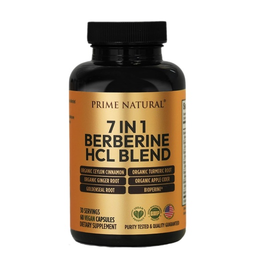 [BRSRAYYZCJ5A4CYV] PRIME NATURAL Berberine HCl 600mg Organic Ceylon Cinnamon 400mg Organic Turmeric 200mg Organic Ginger 130mg Organic Apple Cider Vinegar 65mg Goldenseal Root 6.5mg Bioperine 3mg | 60 Capsules