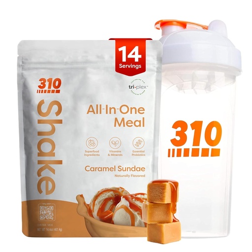 [BRSW2CD3B4IBGCLD] 310 Nutrition All-in-One Meal Replacement Shake Powder w/Shaker Cup Starter Kit - High Protein Fiber Rich Vegan Superfood Blend - Sugar-Free, Keto & Paleo Friendly, Low Carb - Caramel Sundae 14 srv