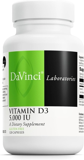 [BRSWIYIMOJ4AIDL2] DAVINCI Labs D3-vitamiini 5000 IU - Ravintolisä terveille hampaille ja luuille, kardiovaskulaarisille toiminnoille ja immuuniterveydelle* - 5000 IU/annos - Gluteeniton - 120 kapselia