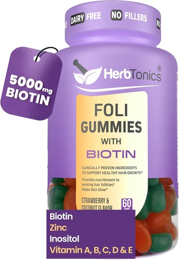 [BRSRAFD6BV5B6CYZ] Herbtonics Foli Biotin Gummier med hårvitaminer | Håret vekst Supplement for kvinner og menn | Håret, huden og negler Vitaminer Sukkerfrie Gummies for kvinner | 60 greve