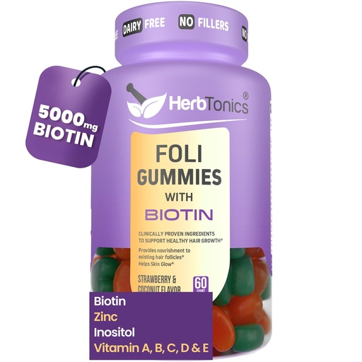 [BRSRAFD6BV5B6CYZ] Herbtonics Foli Biotin Gummies with Hair Vitamins | Hair Growth Supplement for Women & Men | Hair, Skin and Nails Vitamins Sugarfree Gummies for Women | 60 Count