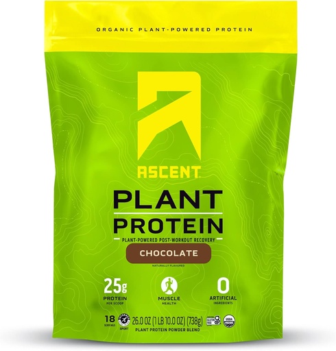 [BRSW2YARAECGCDQV] Ascent Plant Based Protein Powder - Non Dairy Vegan Protein, Zero Artificial Ingredients, Soy & Gluten Free, No Added Sugar, 4g BCAA, 2g Leucine - Chocolate, 18 Servings