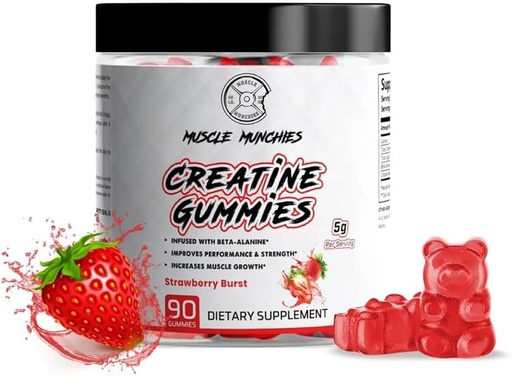 [BRSROAADCACAKG32] Muscle Munchies Creatine Chewable Gummies for Men & Women-Infused with Beta Alanine-5g of Creatine Per Serving-Increases Strength, Endurance, & Recovery-Vegan, NonGMO (Strawberry Burst)