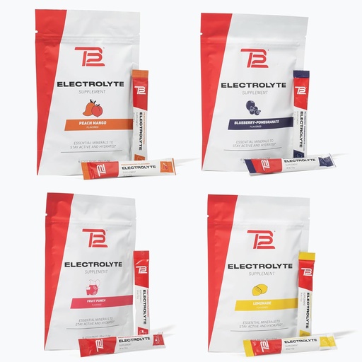 [BRSRAZQKO4NBA334] TB12 Electrolyte Powder for Fast Hydration by Tom Brady, 4-Pack Stickpacks (Lemonade, Blueberry Pomegranate, Fruit Punch & Peach Mango), Natural, Easy to Mix. Low Sugar, Low Calorie (60 Servings)