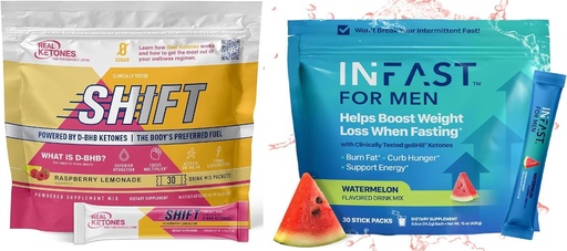 [BRSROAQQB4HQICYU] Real Ketones Intermittent Fasting Drink Mix Bundle for Weight Loss Support Raspberry Lemon Shift Electrolytes & Intermittent Fasting Electrolytes for Men with BHB Exogenous Ketones (30 Count Each)