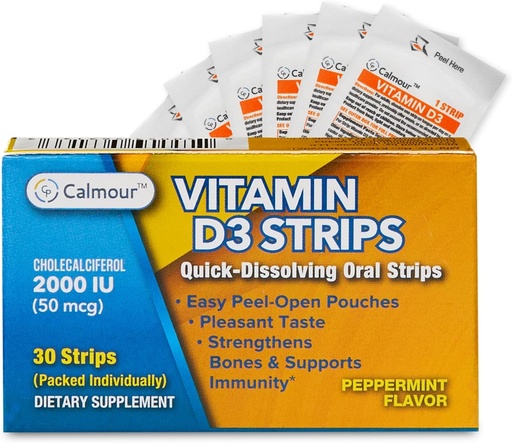 [BRSROCQPOV5AYFAZ] Vitamin D3 Strips 30 Pack® 2000 IU Oral Oppløselig D3 Vitamin Strips | Peppermynte Smelter på tungen i 30 sekunder | Økt immunitet og forbedre mental fokus med vitamin D3 2000