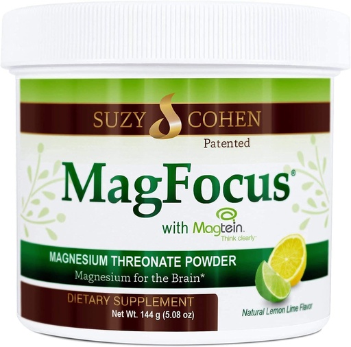 [BRSWGZYPAQCRACDG] Suzy Cohen MagFocus Magnesium Threonate Powder Dietary Supplement 200mg, Healthy Nerve, Support Cognition, Energy, Bone Health, Stevia, Lemon Flavor, 60 Servings