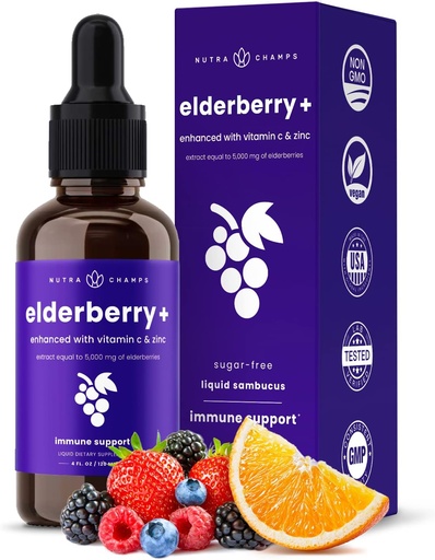 [BRSWYFAOAEMQGYLL] NutraChamps Organic Elderberry Syrup - 5000 мг экстракта бузины с витамином С и цинком - Black Elderberry Liquid Drops - Sugar-Free Immunity Booster, Vegan, Gluten-Free