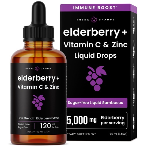 [BRSWYFAOAEMQGYLL] NutraChamps Organic Elderberry Syrup - Elderberry Extract with Vitamin C & Zinc - Black Elderberry Liquid Drops - Sugar-Free Immunity Booster, Vegan, Gluten-Free