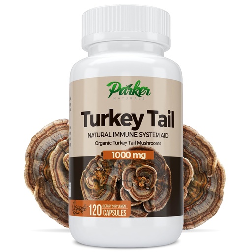 [BRSWGEIEAUFAE2TK] Parker Naturals Turkey Tail Mushroom Capsules - Organic Mushroom Supplement for Immune System Health Support - 1000 mg Premium Mushroom Supplements - 120 Capsules