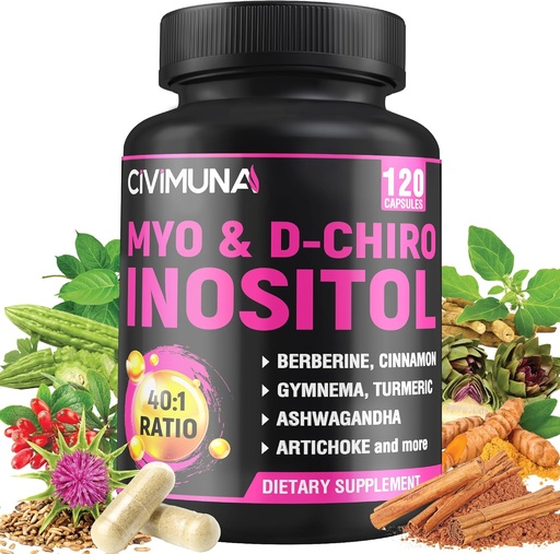 [BRSRAAAQBFYBUFD7] Inositol Supplement - Myo-Inositol og D-Chiro Inositol Plus Ashwagandha, Berberine, kanel og 5 Mores - 120 kapsler