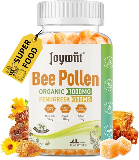[BRSRAAT5CIMAYHY2] Bee Pollen 1000mg Cukraus Free Gummies, w / Fenugreek, Royal Jelly, Propolis, Organic Bee Pollen Chewable Priedas moterims, Turtingas vitamino E, Imunitetas ir odos priežiūra, 60 Kartų