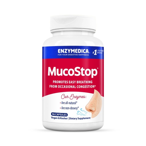 [BRSWIYQBAUFGAGDA] Enzymedica, MucoStop, Natural Enzyme Supplement, Relieves Seasonal or Occasional Congestion, Supports Easy Breathing, 96 Count