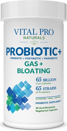 [BRSRAZQOOIIWEDYZ] Vital Pro Naturals - Gas & Bloating Probiotics + Prebiotics, Postbiotics, Parabiotics, 4-in-1 Health Supplement for Adults, High Potency, 65 Strains, Once Daily Digestive and Immune Support, 30 ct