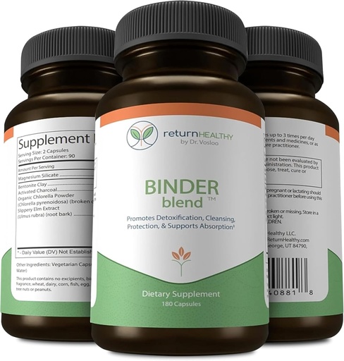 [BRSRAH34BMPRQETD] Binder Blend - Toxin Binder Supplement, Detox Capsules for a Healthy Gut - 180 Capsules - 90 Servings - 960mg Activated Charcoal & 480mg Organic Chlorella - Bloating Relief - Bentonite Clay, 3 Pack