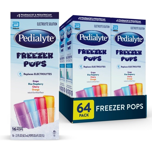 [BRSWIHAYAABAMFDM] Pedialyte Electrolyte Solution Freezer Pops, Hydration Variety Pack— Grape, Blue Raspberry, Cherry, Orange, Pack of 64