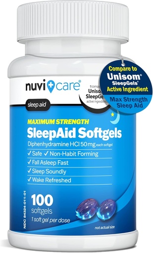 [BRSRAEI6OUPGEYA7] Максимальна міцність SleepAid Soft Gels - Nighttime Sleep Aid з Diphenhydramine HCl 50mg - Non Habit Forming Сплячий таблетки для дорослих - Додаткові Сильні OTC Попели для дорослих (100 граф)
